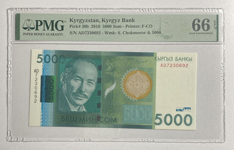 Kyrgyzstan, 5.000 Som, 2016, UNC, p30b, Kyrgyz Bank

PMG 66 EPQ, On the obvers...