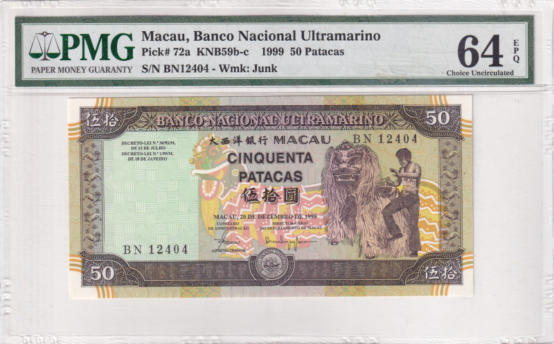 Macau, 50 Patacas, 1999, UNC, p72a

PMG 64 EPQ, Banca Nacional Ultramarino

...