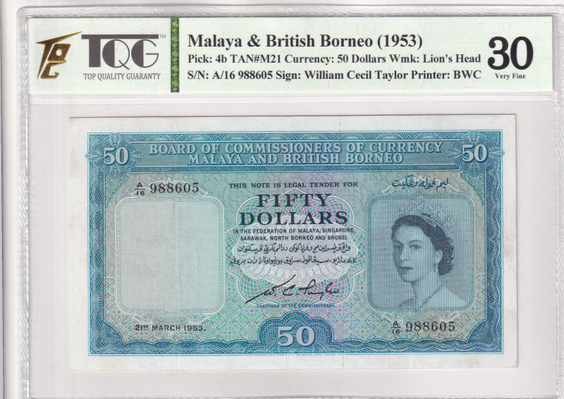 Malaya, 50 Dollars, 1953, VF, p4b

TQG 30, Queen Elizabeth II Portrait

Esti...