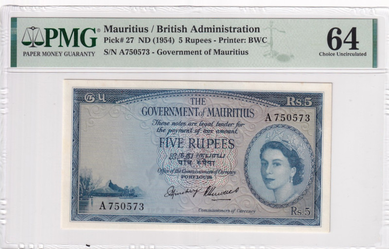 Mauritius, 5 Rupees, 1954, UNC, p27a

PMG 64, Queen Elizabeth II Portrait

E...