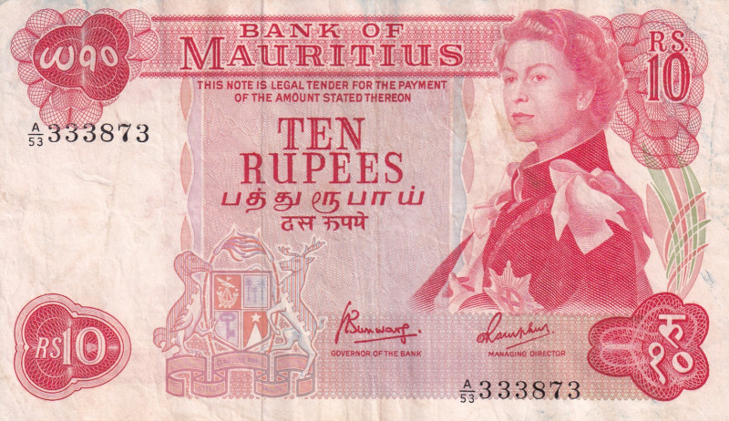 Mauritius, 10 Rupees, 1967, VF, p31c

Queen Elizabeth II Portrait, Stained

...