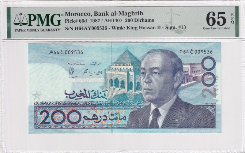 Morocco, 200 Dirhams, 1987, UNC, p66d, Bank al-Maghrib

PMG 65 EPQ, The obvers...