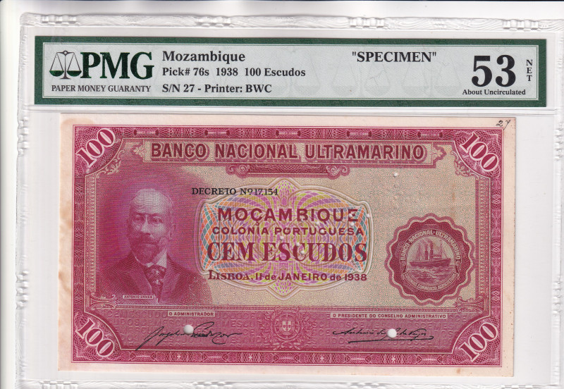 Mozambique, 100 Escudos, 1938, AUNC, p76s, SPECIMEN

PMG 53 NET, On the obvers...