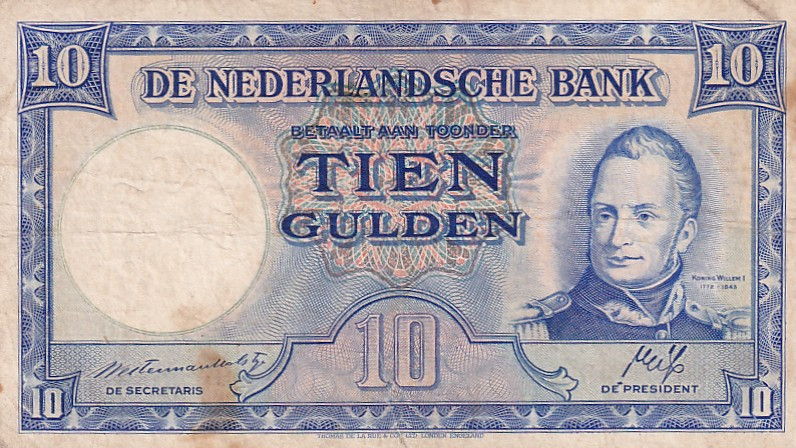 Netherlands, 10 Gulden, 1945, VF, p75a

There are tears on the edges of the ba...