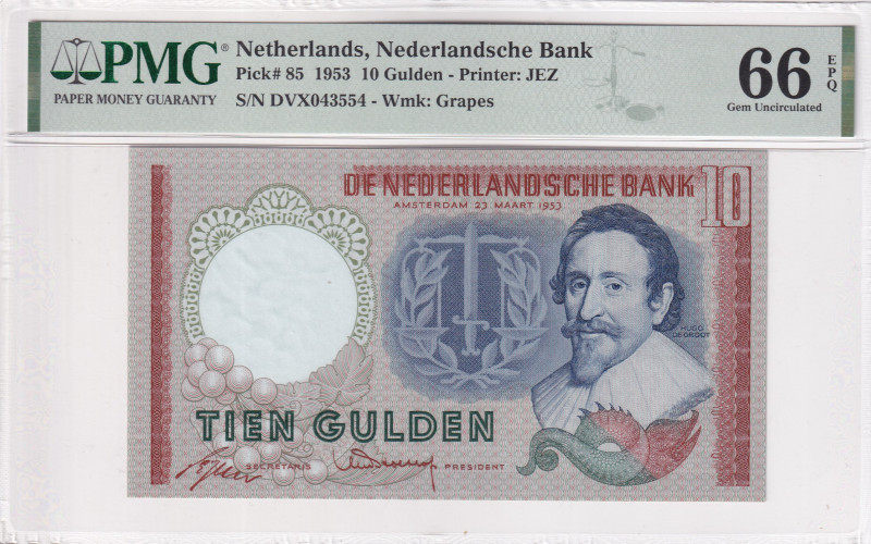 Netherlands, 10 Gulden, 1953, UNC, p85a

PMG 66 EPQ, The obverse features a po...