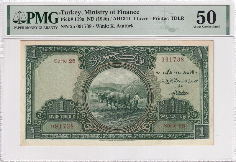 Türkiye, 1 Lira, 1927, AUNC, p119a, 1. Emission

PMG 50, Mustafa Kemal Atatürk...