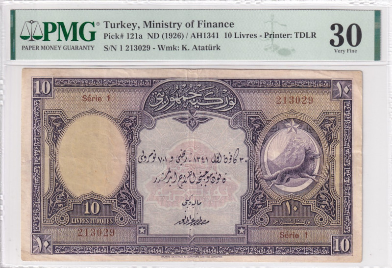 Türkiye, 10 Lira, 1927, VF, p121a, 1. Emission

PMG 30, "1" First Prefix

Es...