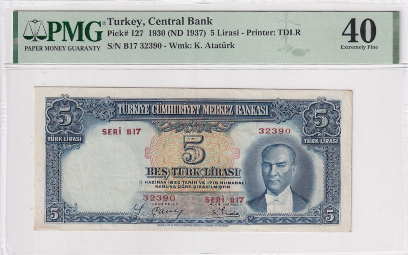 Türkiye, 5 Lira, 1937, XF, p127a, 2.Emission

PMG 40, İsmet İnönü portrait, Ve...