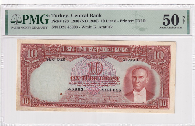 Türkiye, 10 Lira, 1938, AUNC, p128a, 2.Emission

PMG 50 NET, İsmet İnönü portr...