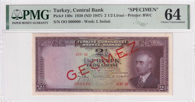 Türkiye, 2 1/2 Lira, 1947, UNC, p140s, SPECIMEN

PMG 64, İsmet İnönü portrait,...