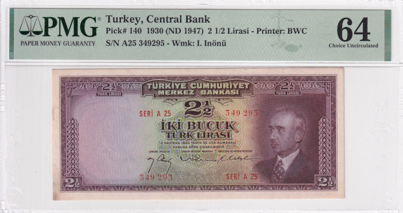 Türkiye, 2 1/2 Lira, 1947, UNC, p140a, 3.Emission

PMG 64, İsmet İnönü Portrai...