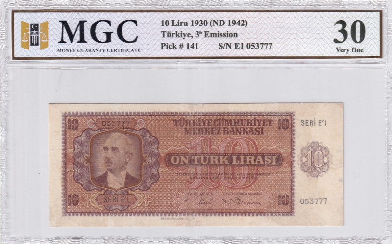 Türkiye, 10 Lira, 1942, VF, p141a, 3.Emission

MGC 30, Repaired, İsmet İnönü p...