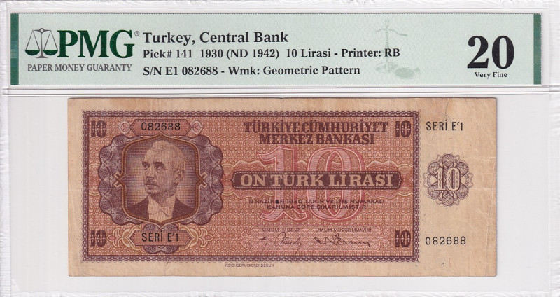 Türkiye, 10 Lira, 1942, VF, p141a, 3.Emission

PMG 20, İsmet İnönü portrait, V...