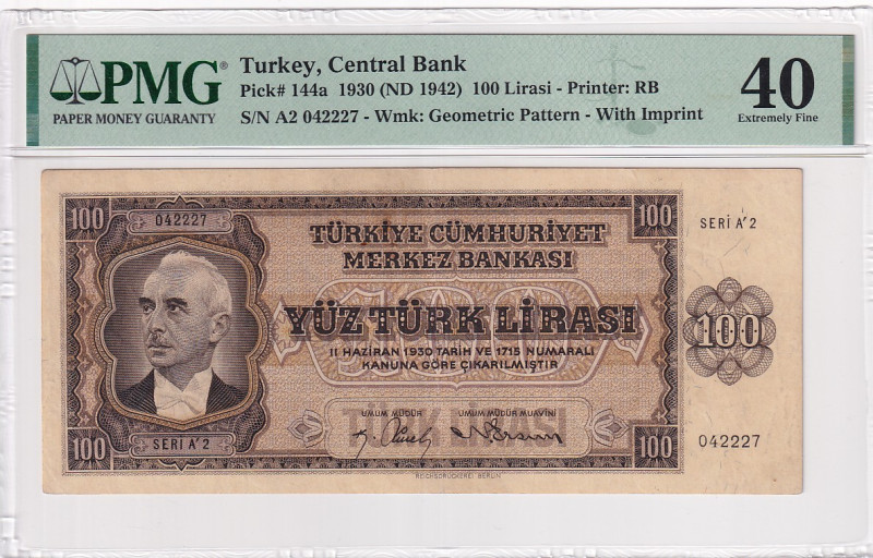 Türkiye, 100 Lira, 1942, XF, p144a, 3.Emission

PMG 40, İsmet İnönü portrait, ...