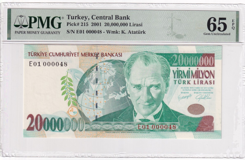 Türkiye, 20.000.000 Lira, 2001, UNC, p215a, Very Low Serial Number

PMG 65 EPQ...