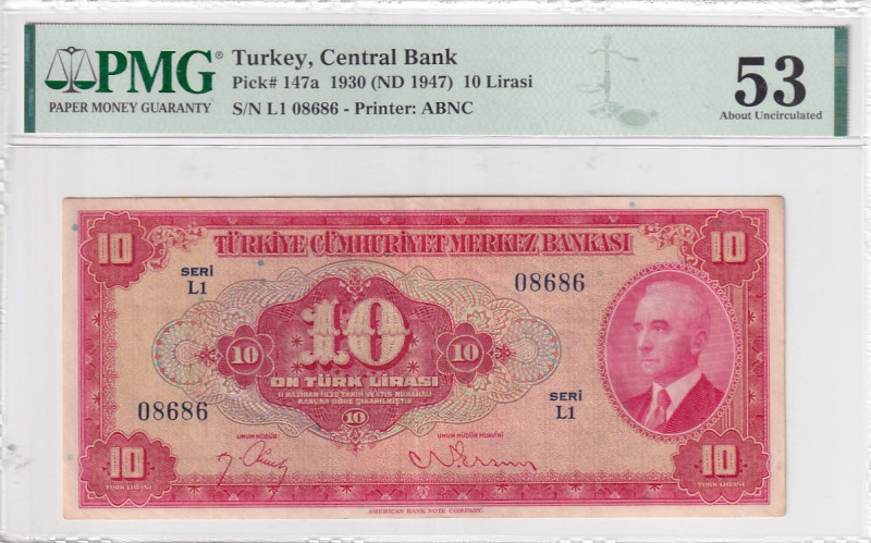 Türkiye, 10 Lira, 1947, AUNC, p147a, 4.Emission

PMG 53, İsmet İnönü Portrait...