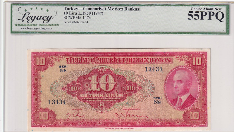 Türkiye, 10 Lira, 1947, AUNC, p147a, 4.Emission

LEGACY 55 PPQ, İsmet İnönü Po...