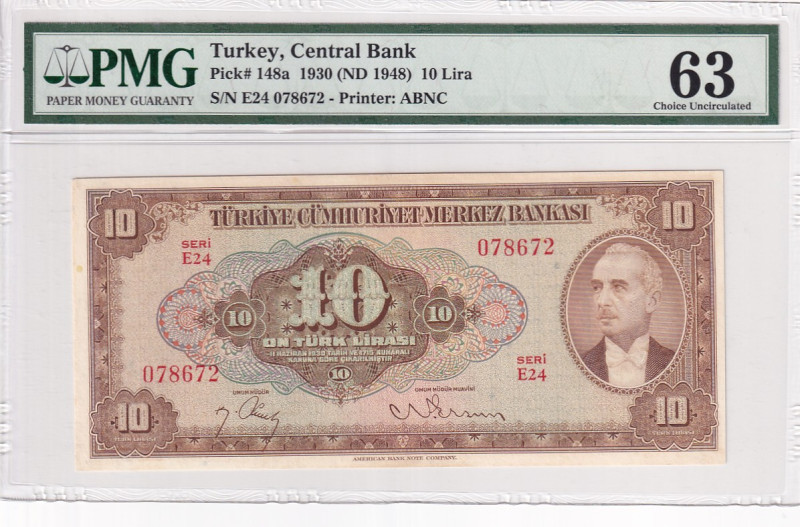 Türkiye, 10 Lira, 1948, UNC, p148a, 4.Emission

PMG 63, İsmet İnönü portrait, ...