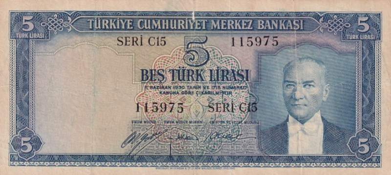 Türkiye, 5 Lira, 1952, VF, p154a, 5.Emission

Mustafa Kemal Atatürk Portrait, ...