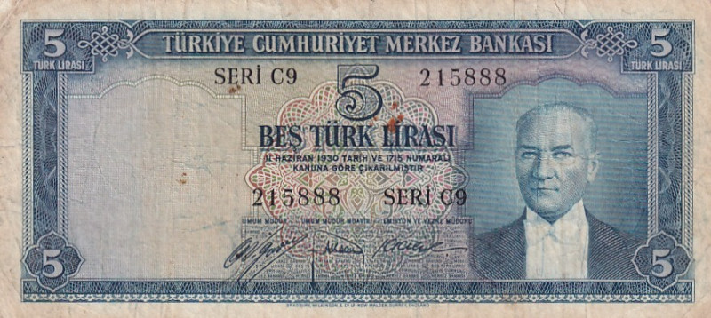 Türkiye, 5 Lira, 1952, VF(-), p154a, 5.Emission

Mustafa Kemal Atatürk Portrai...