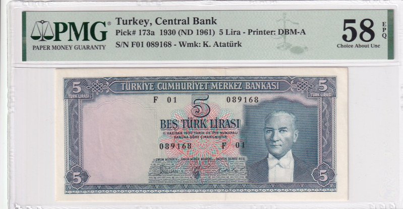 Türkiye, 5 Lira, 1961, AUNC(+), p173a, 5.Emission

PMG 58 EPQ, "F01" First Pre...