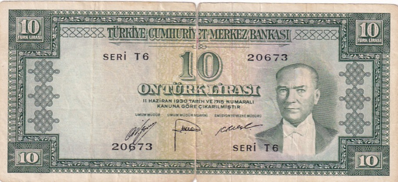 Türkiye, 10 Lira, 1966, FINE, p157a, 5.Emission

Mustafa Kemal Atatürk Portrai...