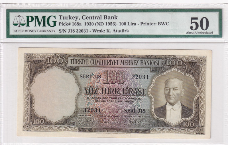 Türkiye, 100 Lira, 1956, AUNC, p168a, 5.Emission

PMG 50, Mustafa Kemal Atatür...