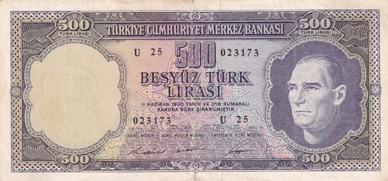 Türkiye, 500 Lira, 1968, XF(-), p183a, 5.Emission

Mustafa Kemal Atatürk portr...