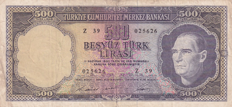 Türkiye, 500 Lira, 1968, FINE, p183a, 5.Emission

Mustafa Kemal Atatürk Portra...