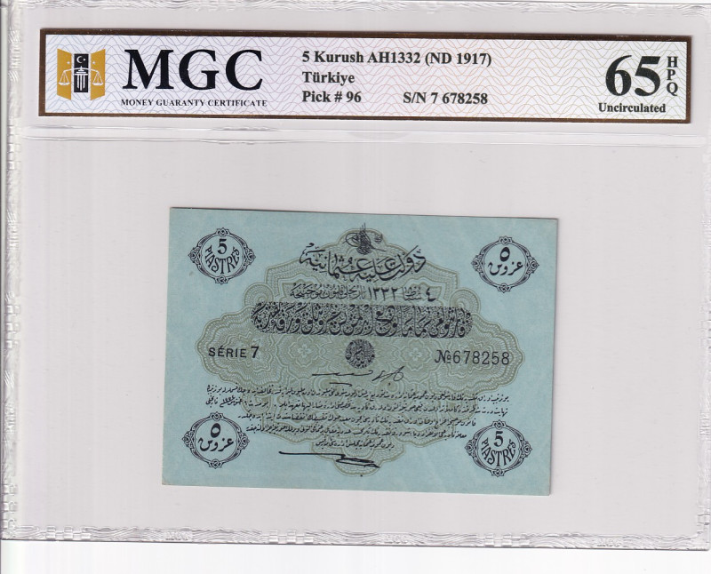 Türkiye, Ottoman Empire, 5 Kurush, 1917, UNC, p96a, Talat / Hüseyin Cahid

MGC...