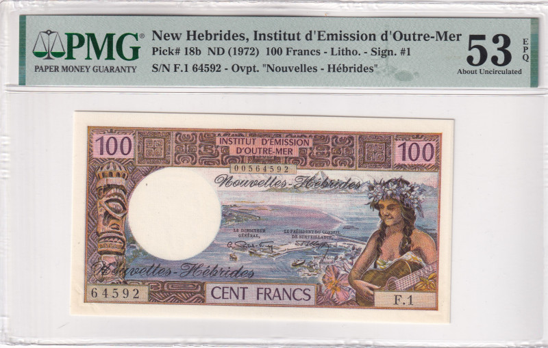 New Hebrides, 100 Francs, 1972, AUNC, p18b

PMG 53 EPQ

Estimate: USD 25-50