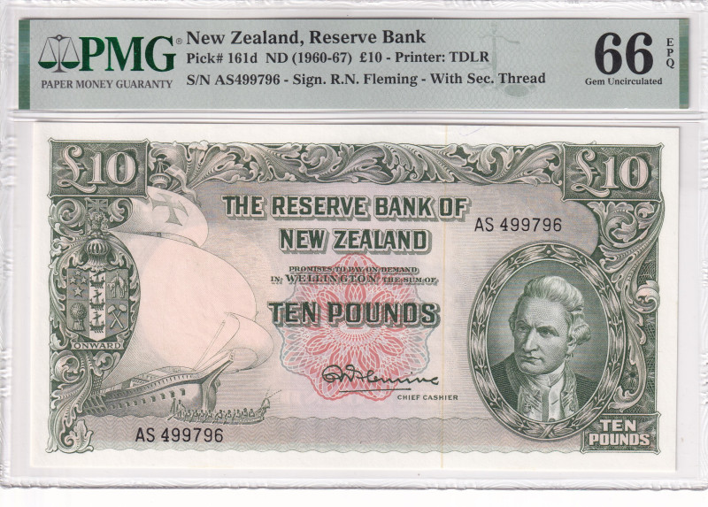 New Zealand, 10 Pounds, 1960-67, UNC, p161d

PMG 66 EPQ, The obverse features ...