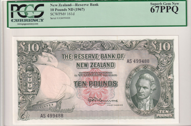 New Zealand, 10 Pounds, 1967, UNC, p161d, Reserve Bank 

PCGS 67 PPQ, The obve...