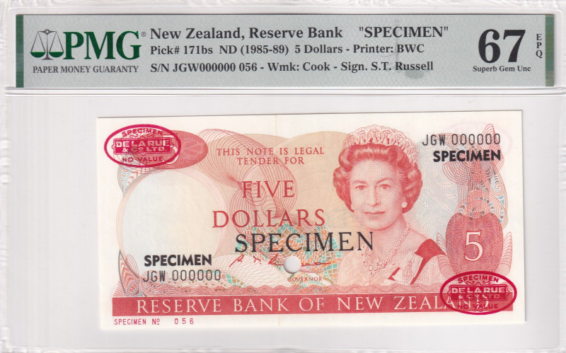 New Zealand, 5 Dollars, 1985/1989, UNC, p171bs, SPECIMEN

PMG 67 EPQ, Queen El...