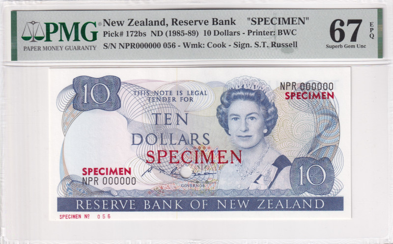 New Zealand, 10 Dollars, 1985/1989, UNC, p172bs, SPECIMEN

PMG 67 EPQ, Queen E...