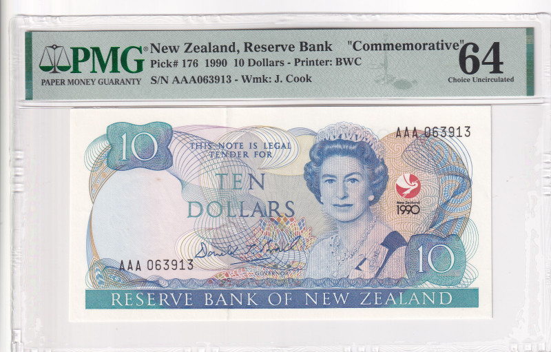 New Zealand, 10 Dollars, 1990, UNC, p176

PMG 64, Queen Elizabeth II Portrait,...