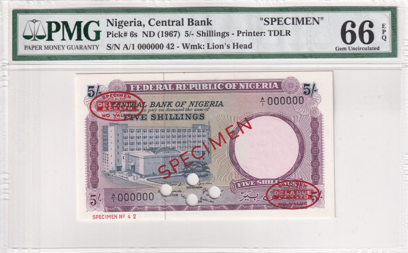 Nigeria, 5 Shillings, 1967, UNC, p6s, SPECIMEN

PMG 66 EPQ, Central Bank

Es...