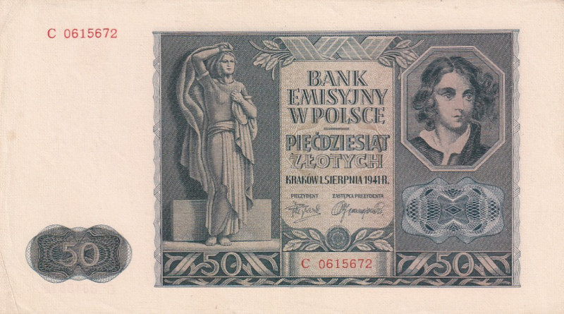 Poland, 50 Zlotych, 1941, UNC(-), p102

Stained, light handling.

Estimate: ...