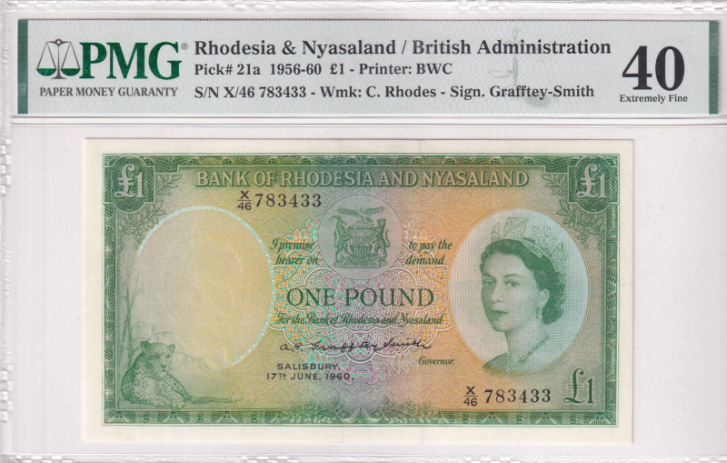 Rhodesia & Nyasaland, 1 Pound, 1956/1960, XF, p21a

PMG 40, Queen Elizabeth II...