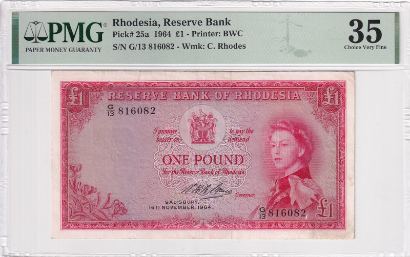 Rhodesia, 1 Pound, 1964, VF, p25a

PMG 35, Queen Elizabeth II Portrait

Esti...