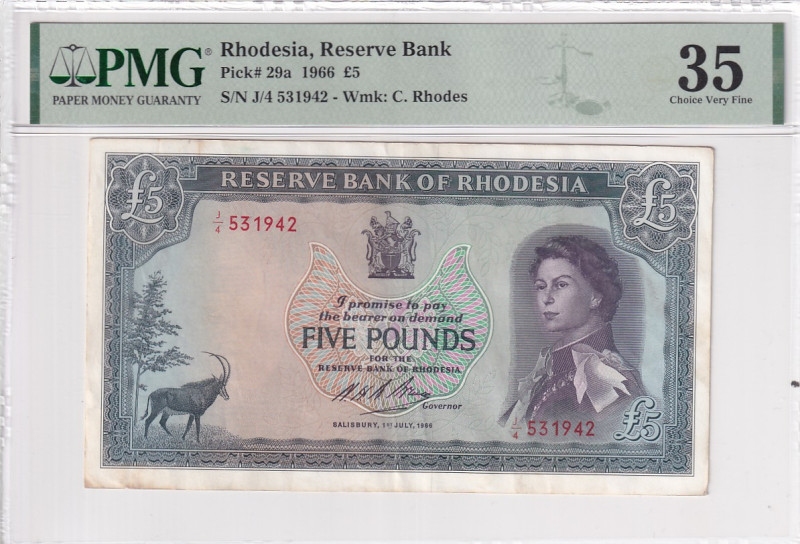 Rhodesia, 5 Pounds, 1966, VF, p29a

PMG 35, Queen Elizabeth II Portrait

Est...