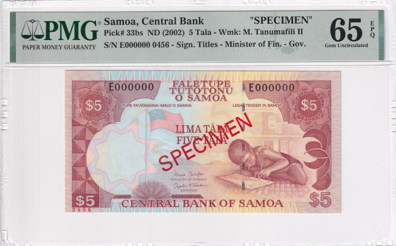 Samoa, 5 Tala, 2002, UNC, p33bs, SPECIMEN

PMG 65 EPQ

Estimate: USD 30-60