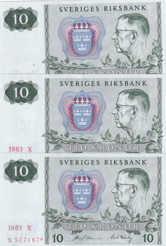 Sweden, 10 Kronor, 1983, UNC, p52r, (Total 3 consecutive banknotes)

REPLACEME...