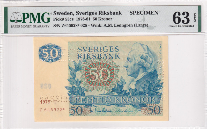 Sweden, 50 Kronor, 1978-81, UNC, p53cs, SPECIMEN

PMG 63 EPQ, On the obverse t...