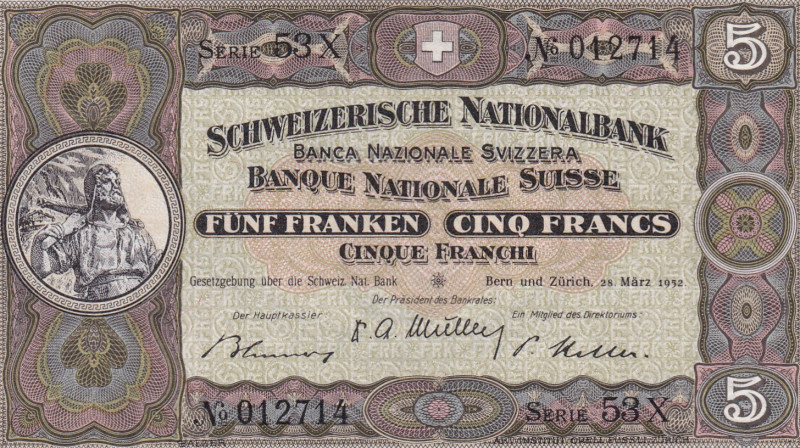 Switzerland, 5 Francs, 1952, UNC, p11

Estimate: USD 30-60