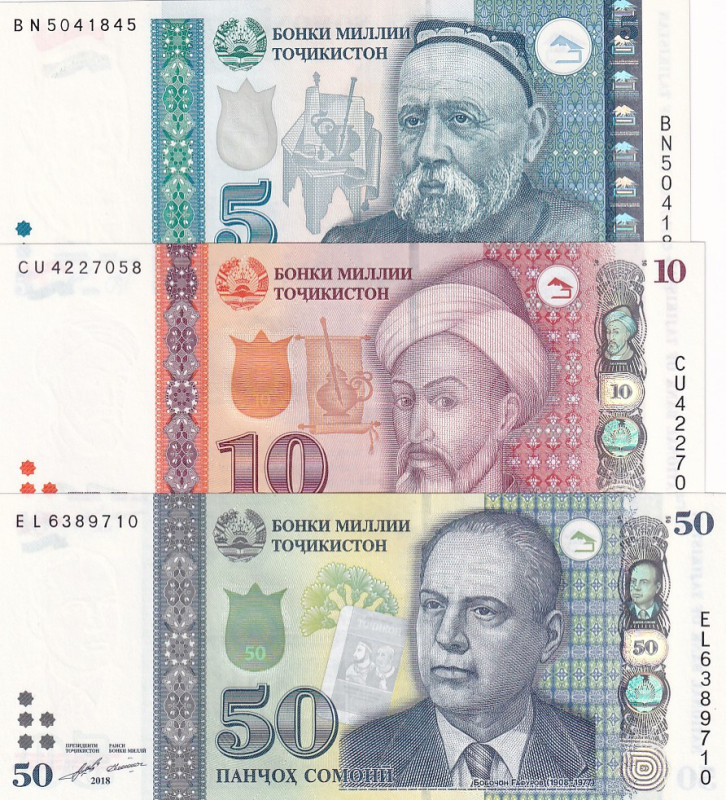 Tajikistan, 5-10-50 Somoni, 1999/2018, UNC, p15; p24; p26, (Total 3 banknotes)
...