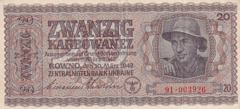 Ukraine, 20 Karbowanez, 1942, VF, p53

Estimate: USD 20-40