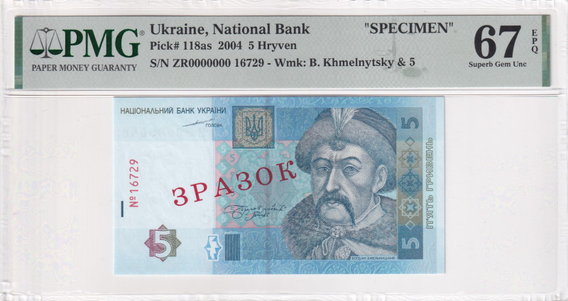 Ukraine, 5 Hryven, 2004, UNC, p118as, SPECIMEN

PMG 67 EPQ, National Bank

E...