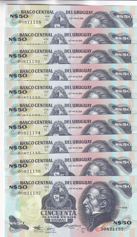 Uruguay, 50 Pesos, 1988/1989, UNC, p61A, (Total 10 consecutive banknotes)

Est...