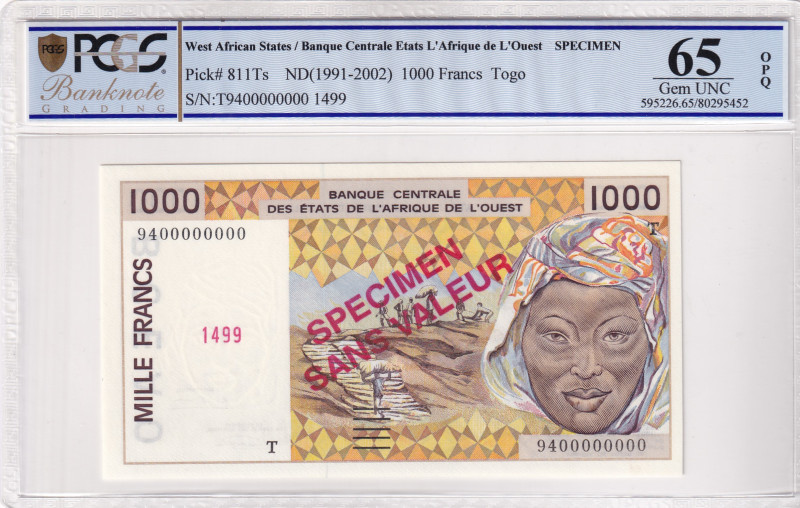 West African States, 1.000 Francs, 1991-2002, UNC, p811Ts, SPECIMEN

PCGS 65 O...